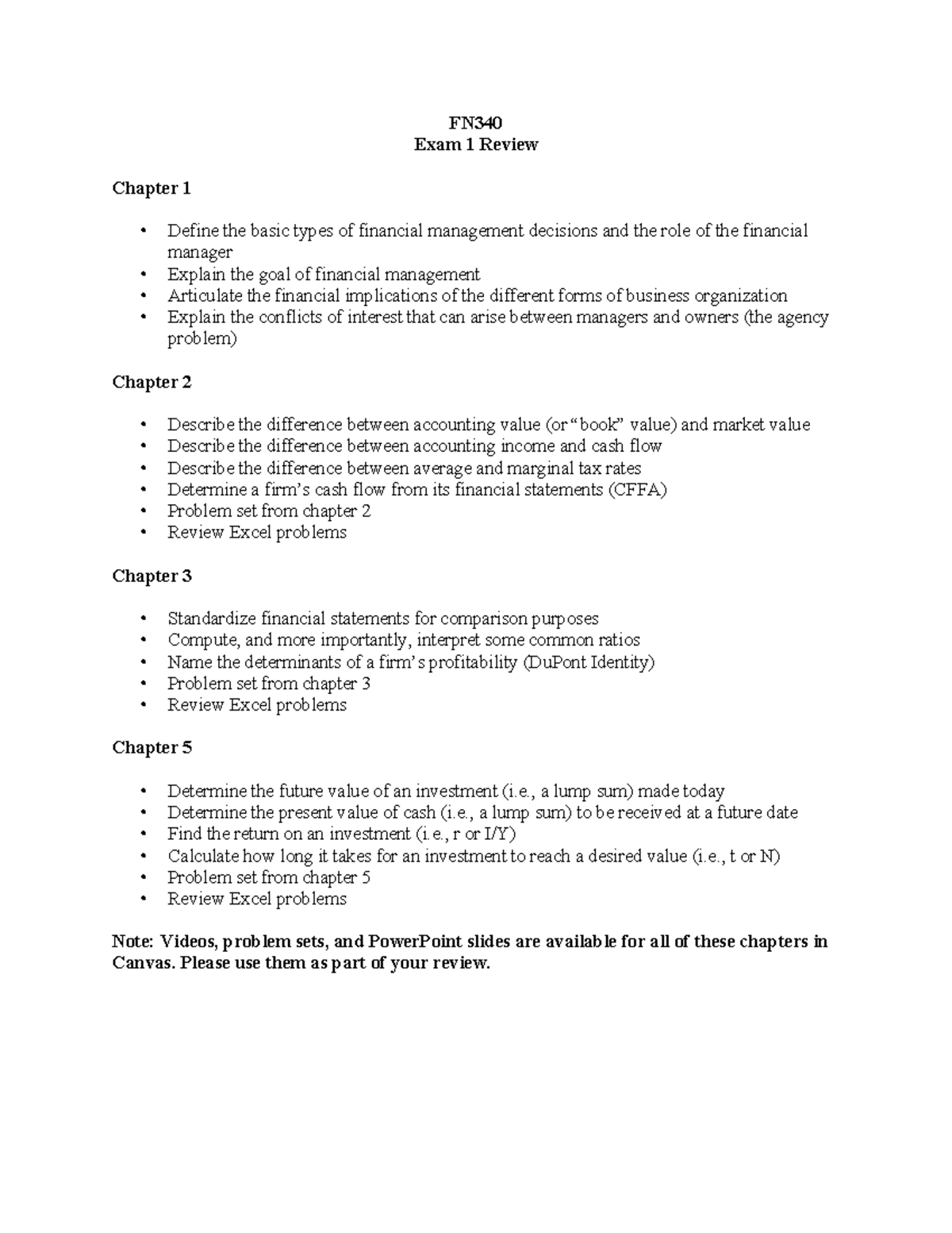 FN340 Financial Management Exam 1 Review: Key Concepts & Problems - Studocu
