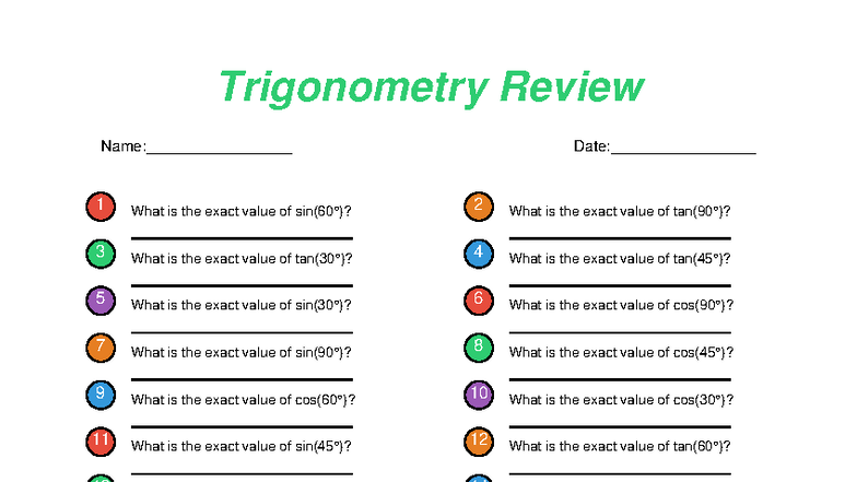Trigonometry Review 3: Exact Values and Answer Key - Studocu