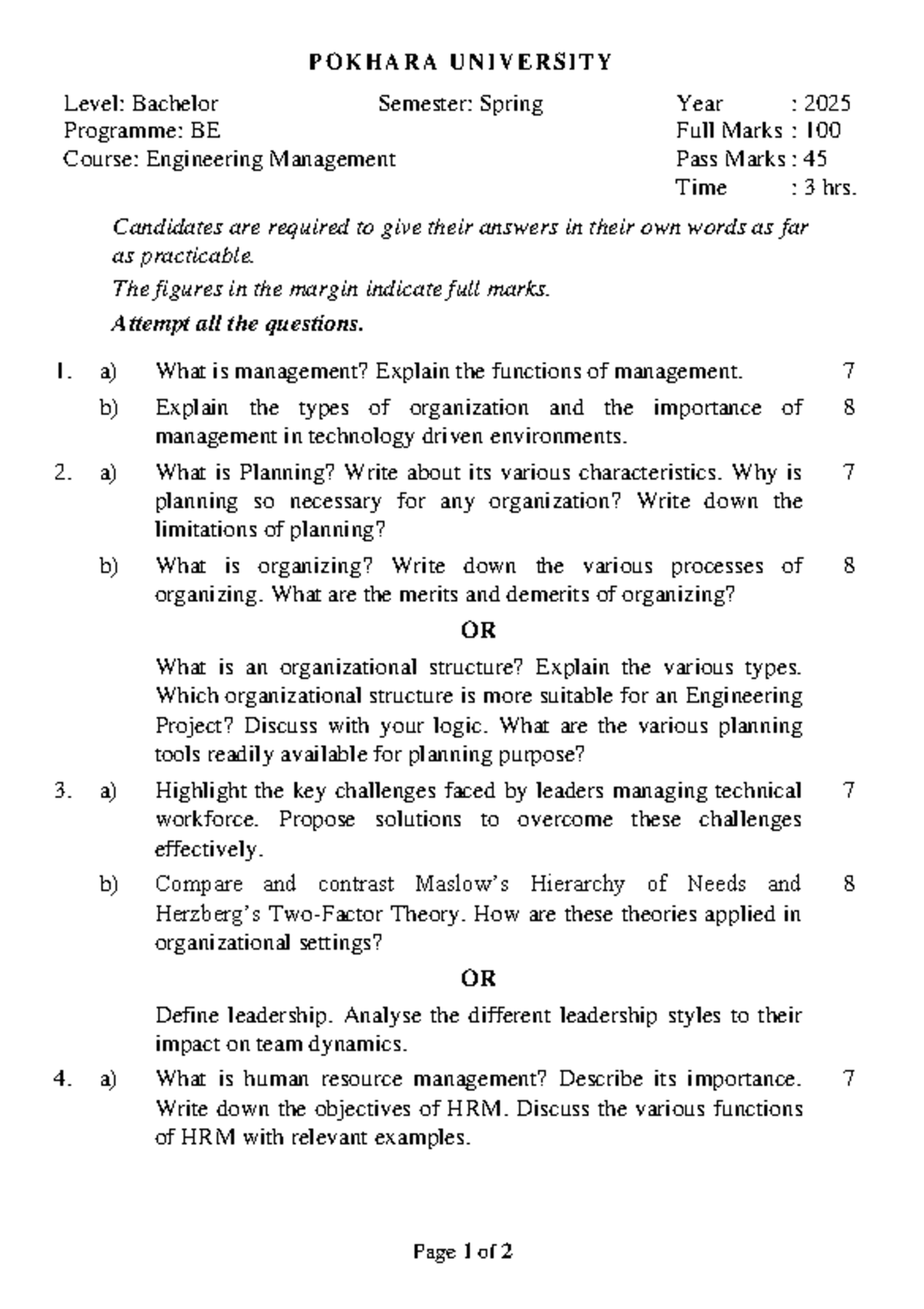 Engineering Management (BE) Final Exam - Spring 2025 - Studocu