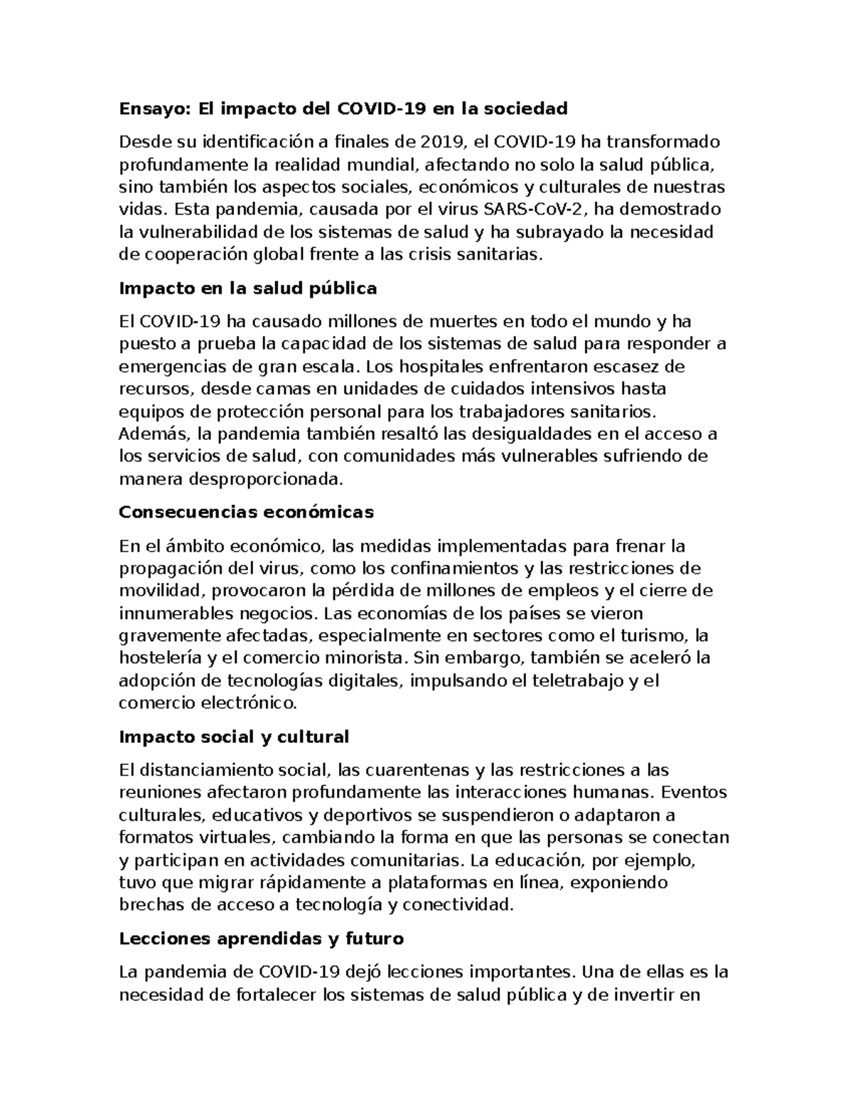 Ensayo covid - Ensayo: El impacto del COVID-19 en la sociedad Desde su ...