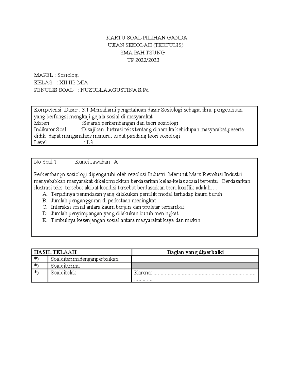 Kartu Soal Ujian Sekolah Pilihan Ganda Sosiologi XII IIS MIA 2023 - Document Preview