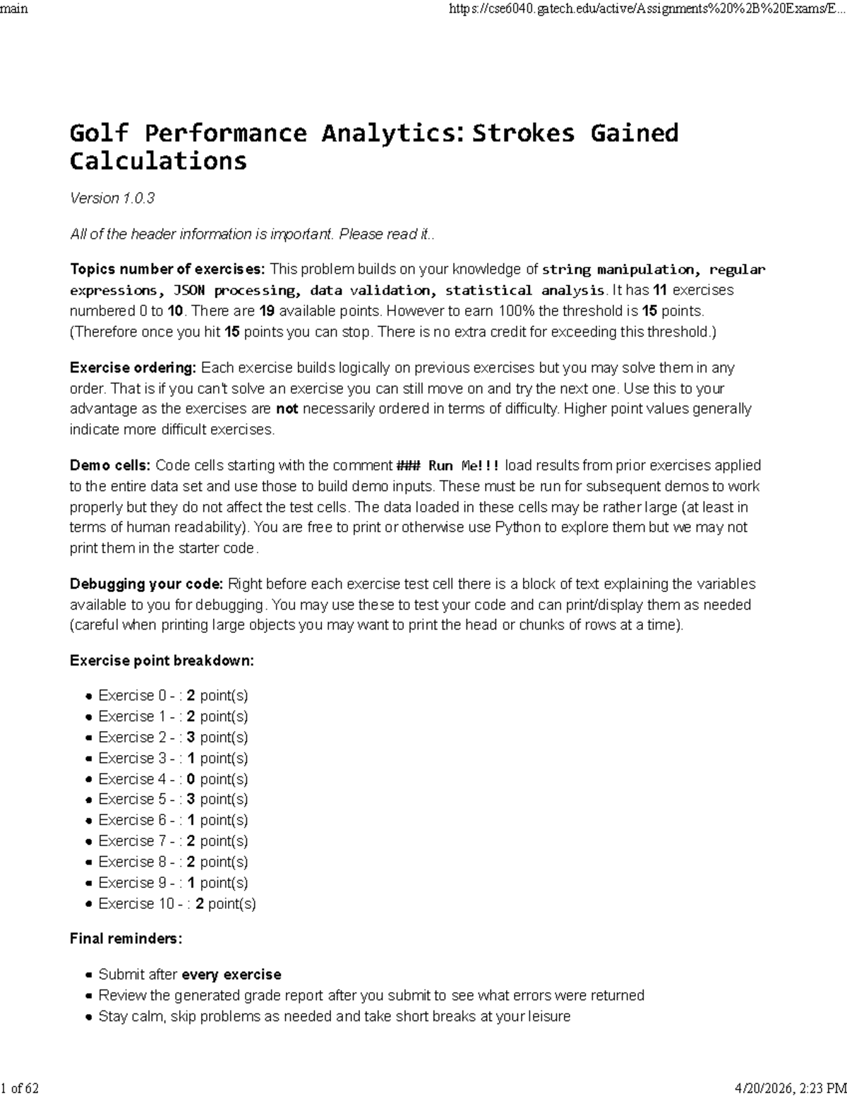 MT1 FA25 - Golf Performance Analytics: Strokes Gained Exercises - Studocu