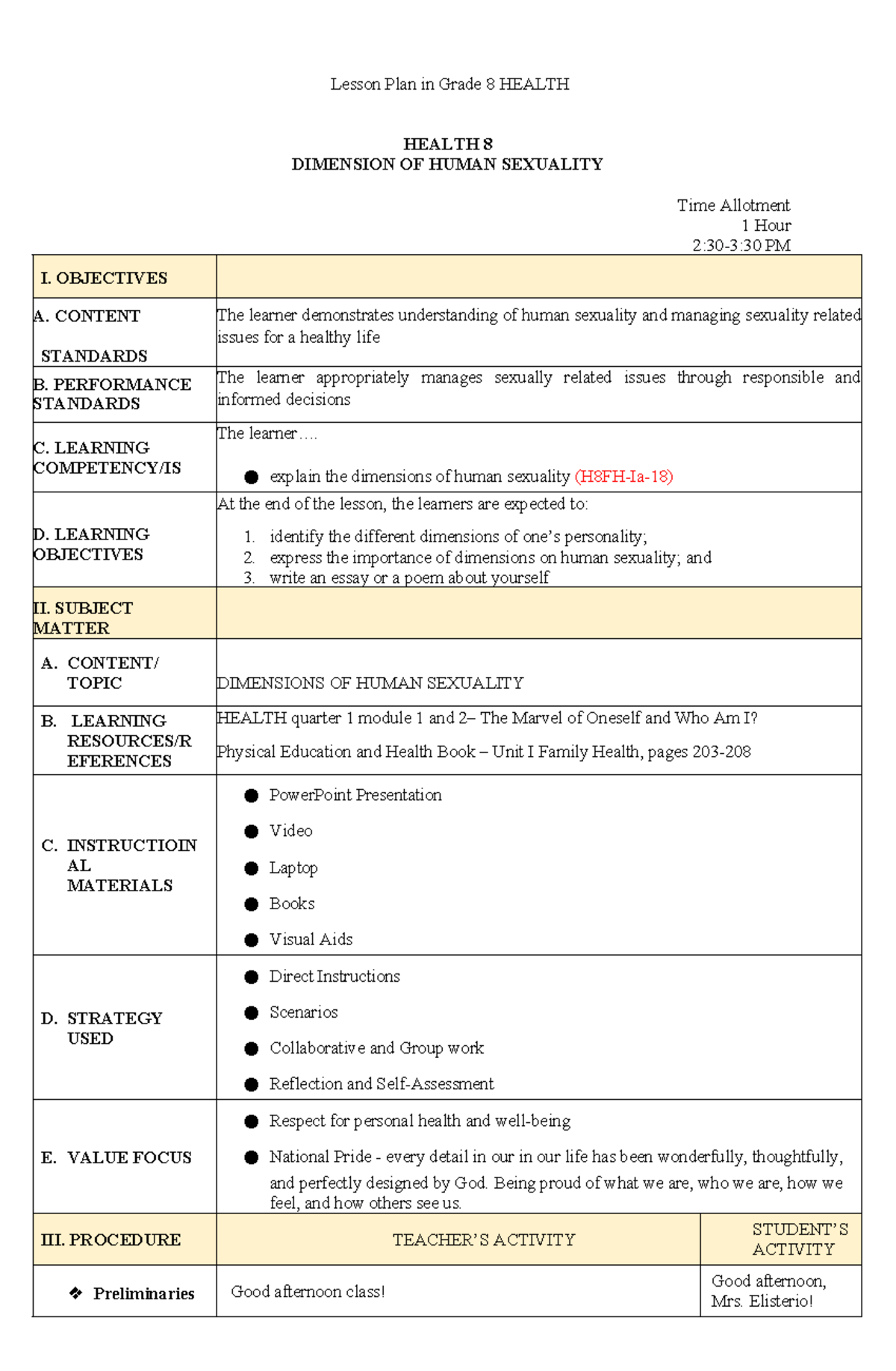 Grade 8 Health Lesson Plan: Dimensions of Human Sexuality - Studocu