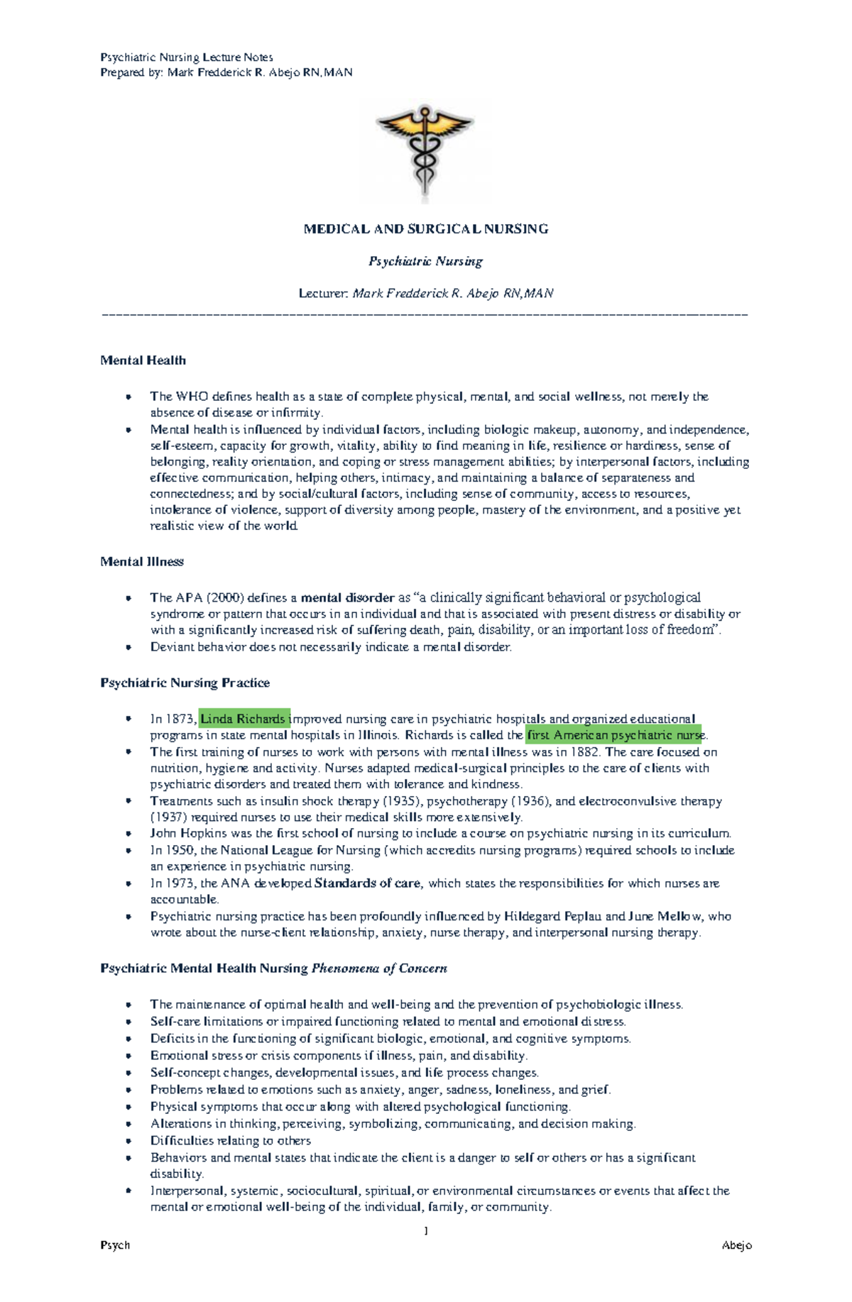 Psychiatric Nursing Lecture Notes (Psych 101) by Mark Fredderick R ...