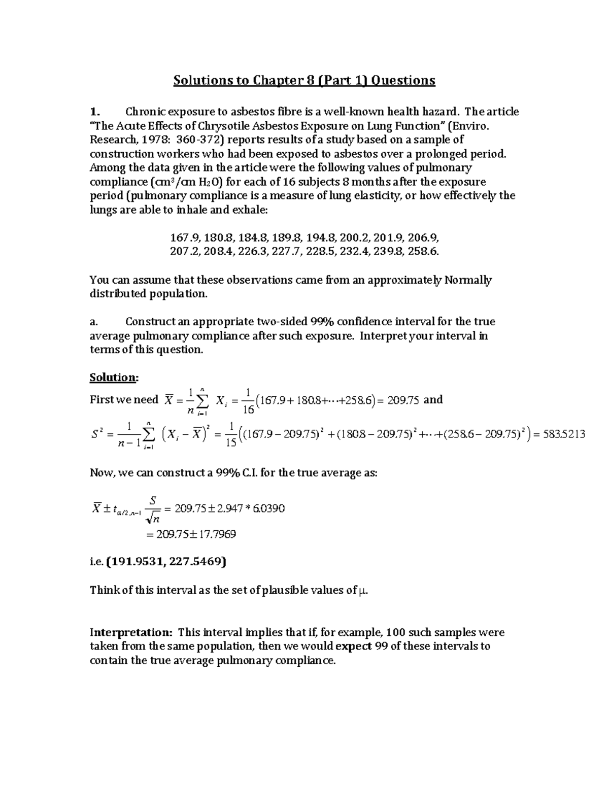 Chapter 8 Solutions: Confidence Intervals & Data Analysis - Studocu