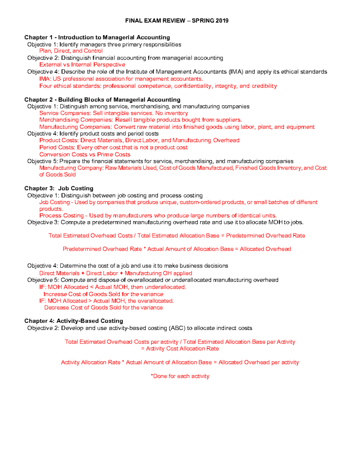 Final Exam Review - FINAL EXAM REVIEW SPRING 2019 Chapter 1 ...