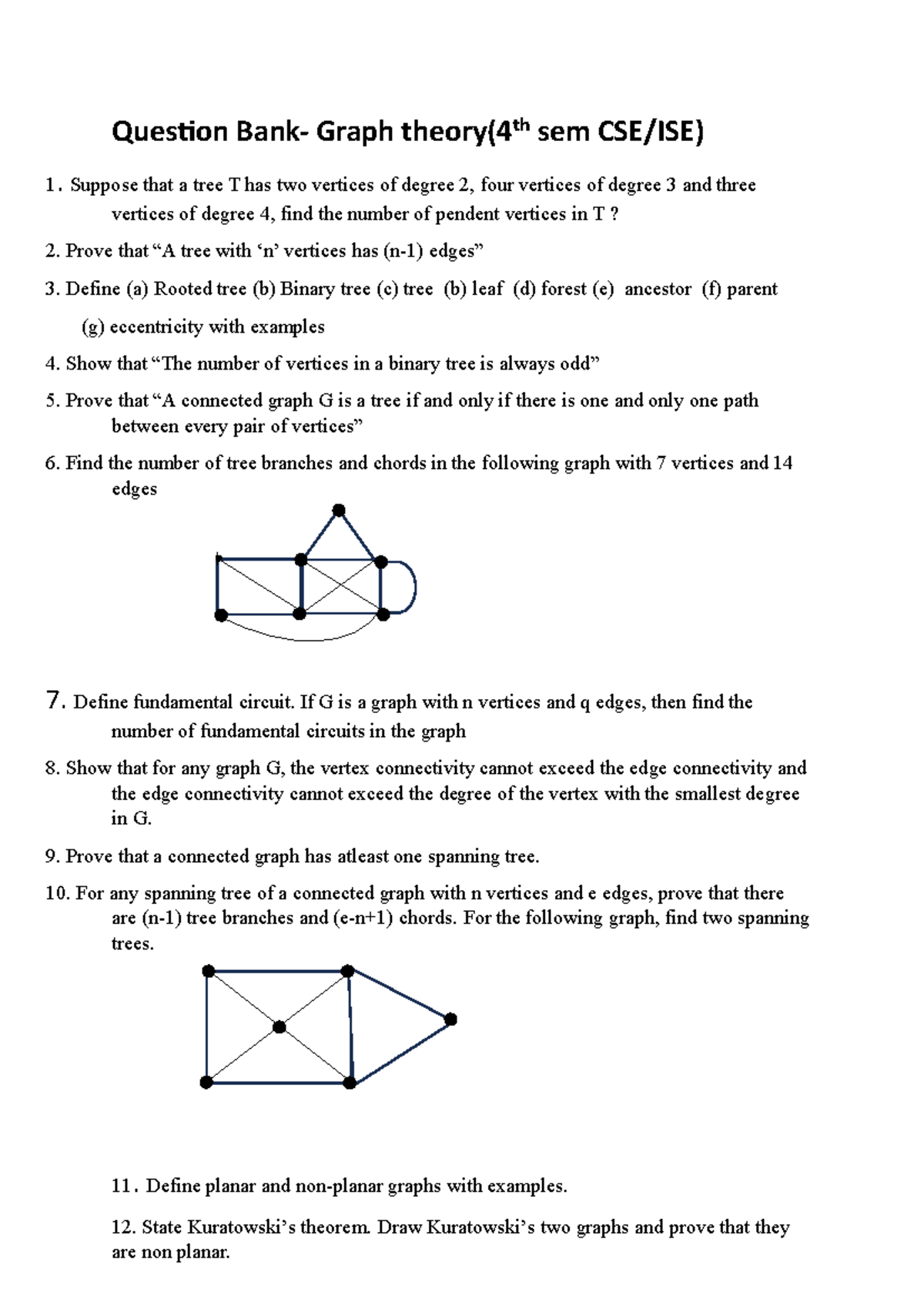 Question Bank: Graph Theory (4th Sem) - Key Concepts & Problems - Studocu
