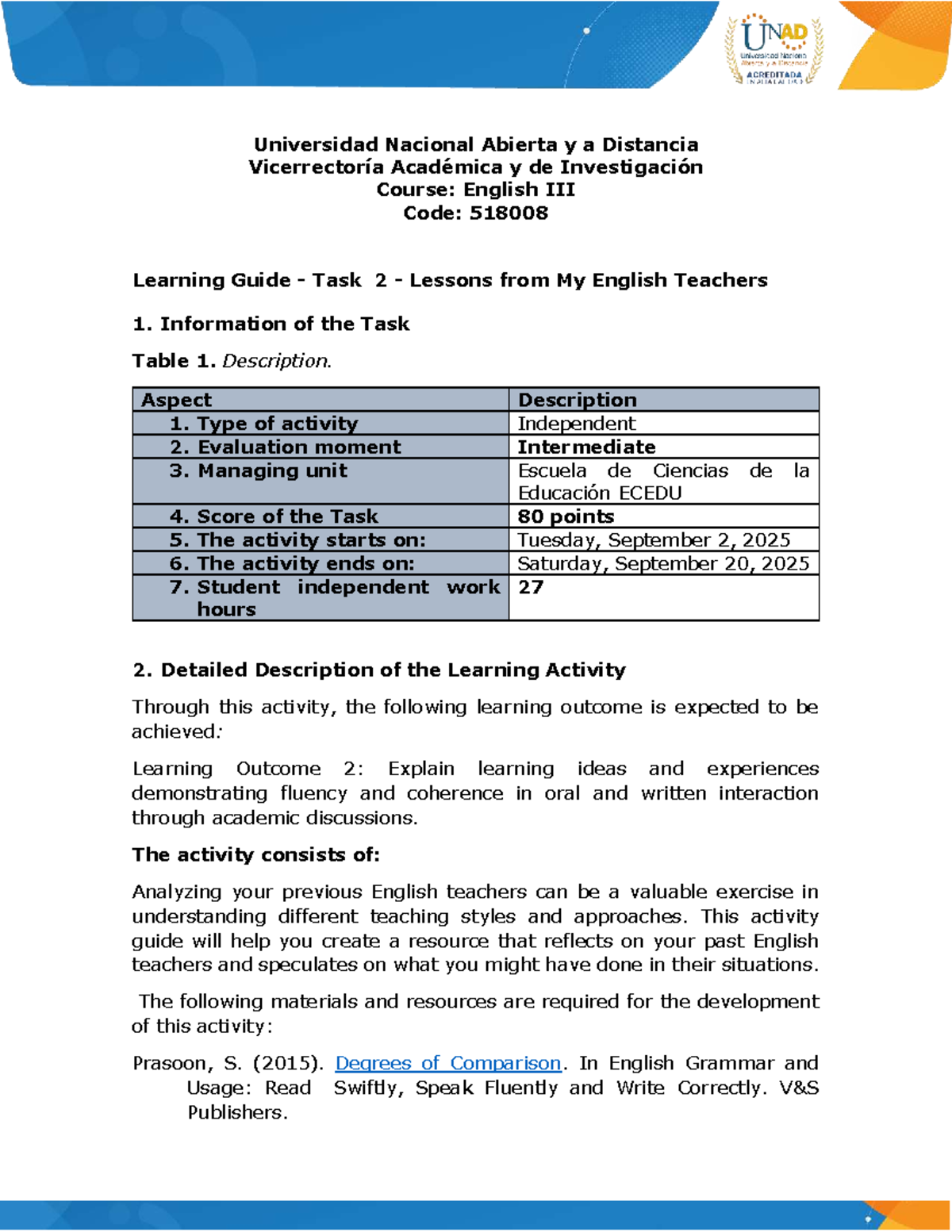 Task 2 Learning Guide: Reflecting on English Teachers (Code: 518008 ...