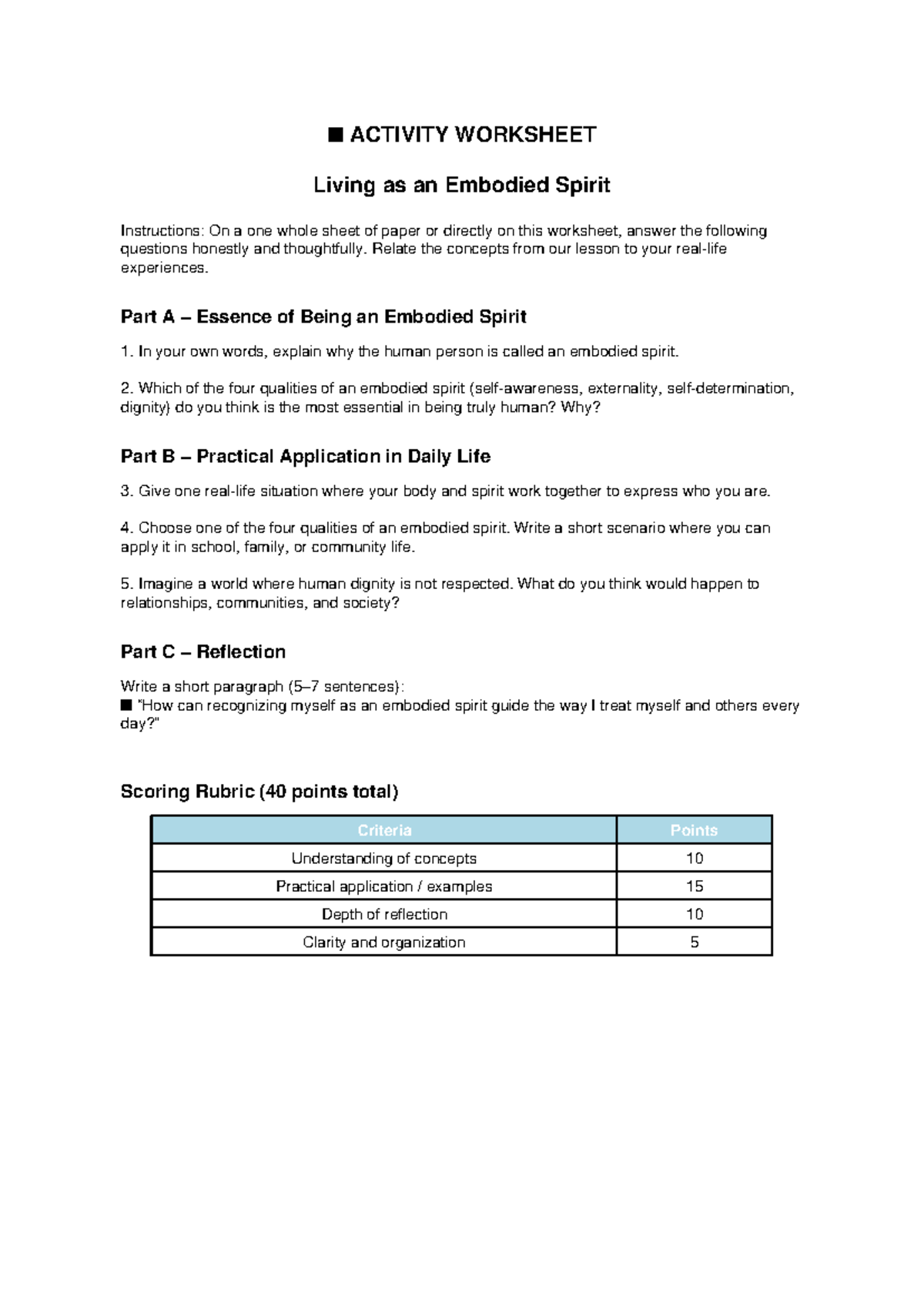 Activity Worksheet: Understanding the Embodied Spirit - Studocu