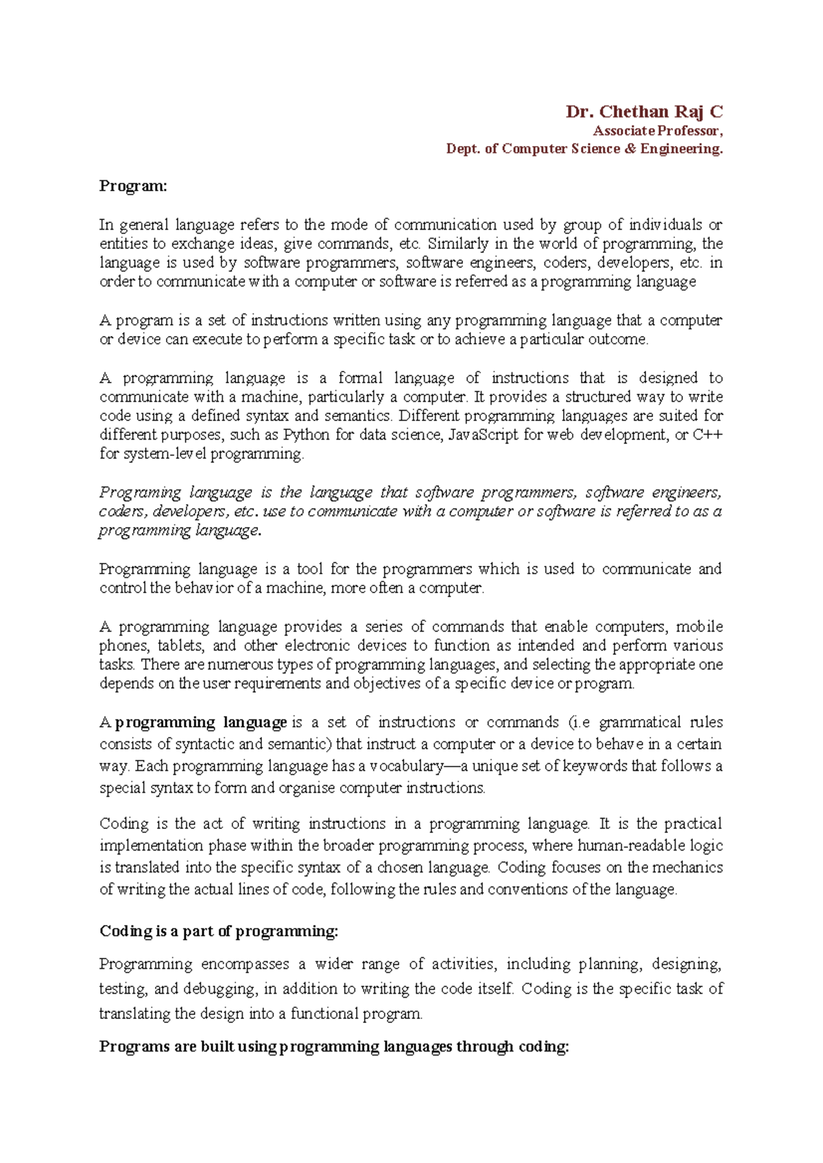 CCE C Programming Language Notes: Understanding Software & Coding - Studocu