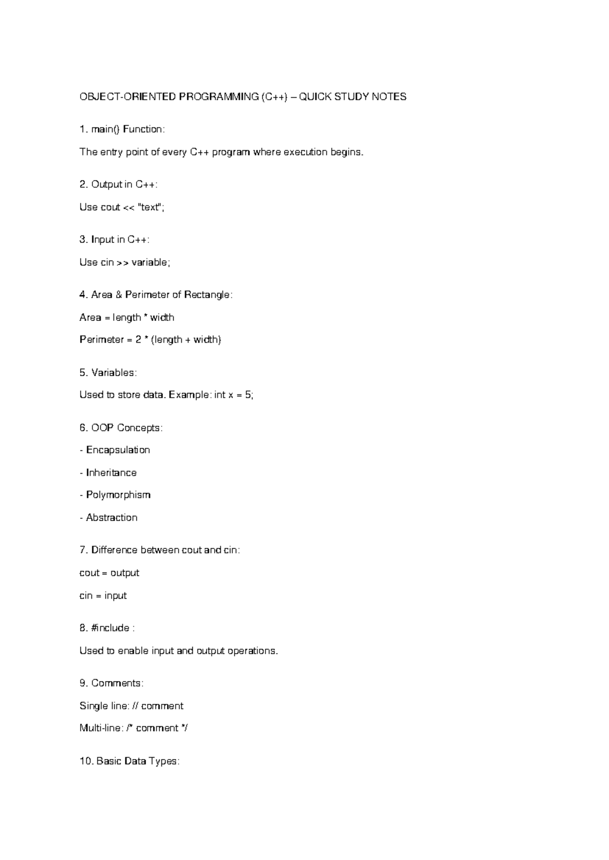 OOP C++ Quick Study Notes: Key Concepts & Functions - Studocu