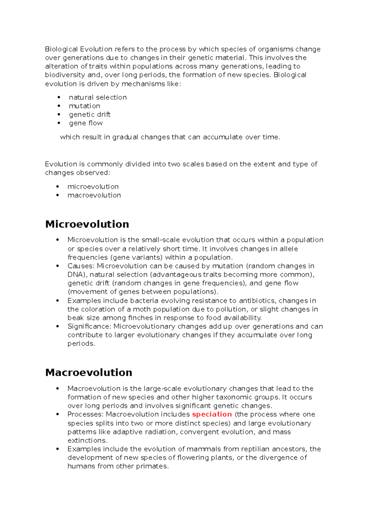 Evolution (BIO 101) - Microevolution vs. Macroevolution Notes - Studocu