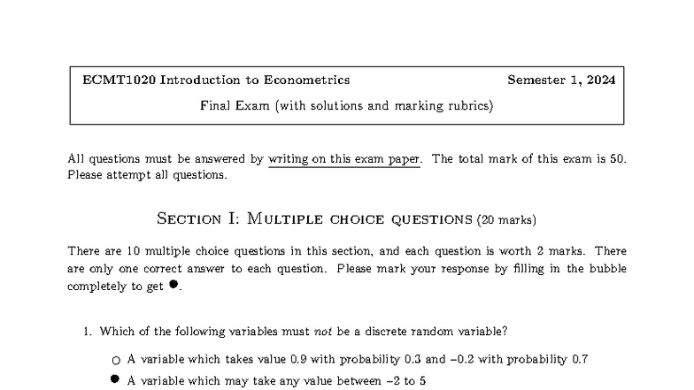 ECMT1020 2024S1 Final Exam Solutions and Marking Rubrics - Studocu