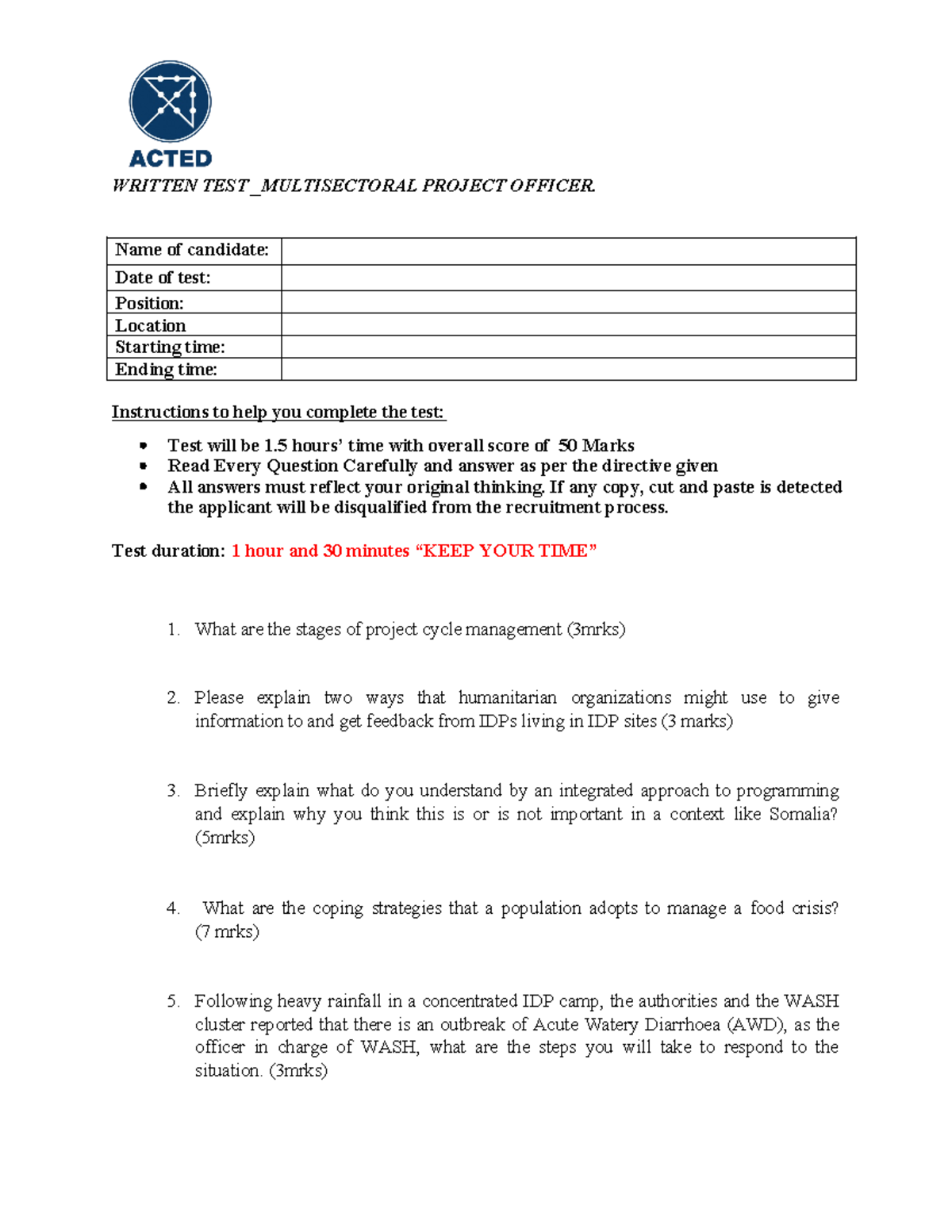 Multisectoral Project Officer Written Test - Key Concepts and ...