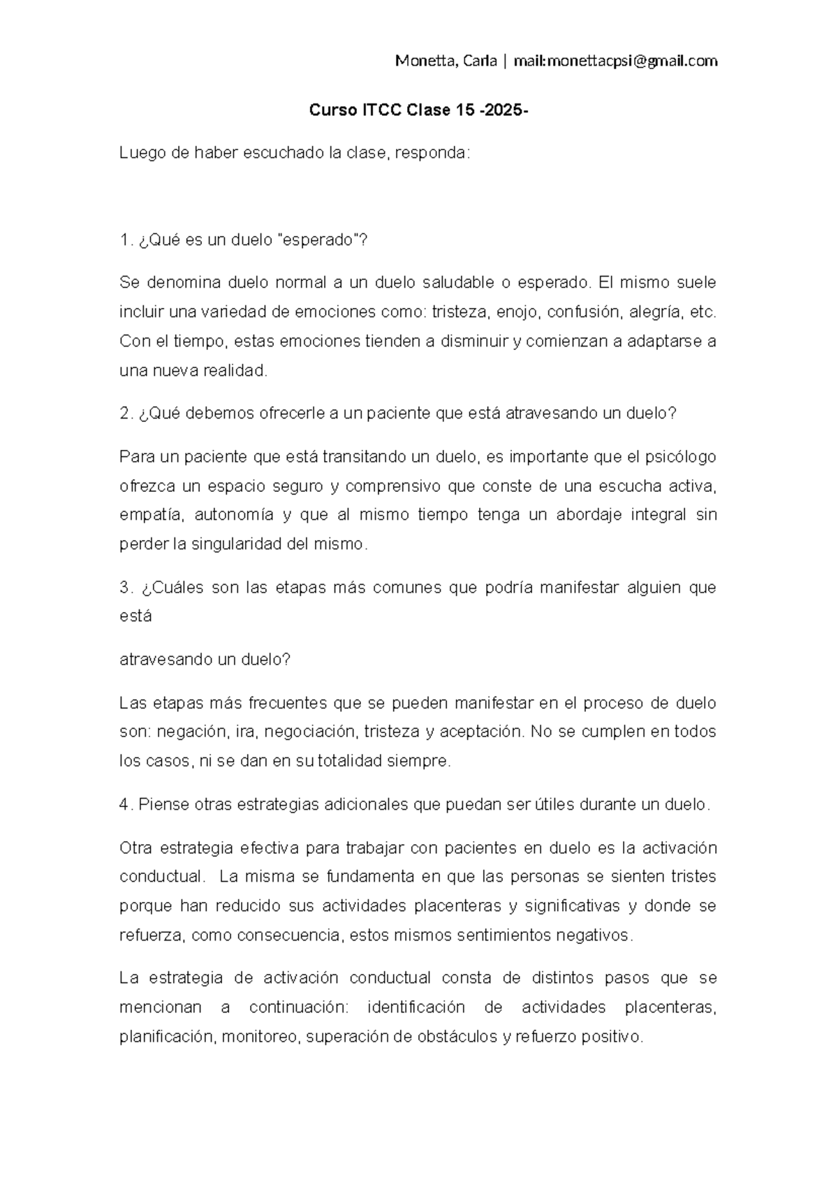 TP 15 p ITCC Monetta - Duelo: Estrategias y Etapas en Terapia - Studocu