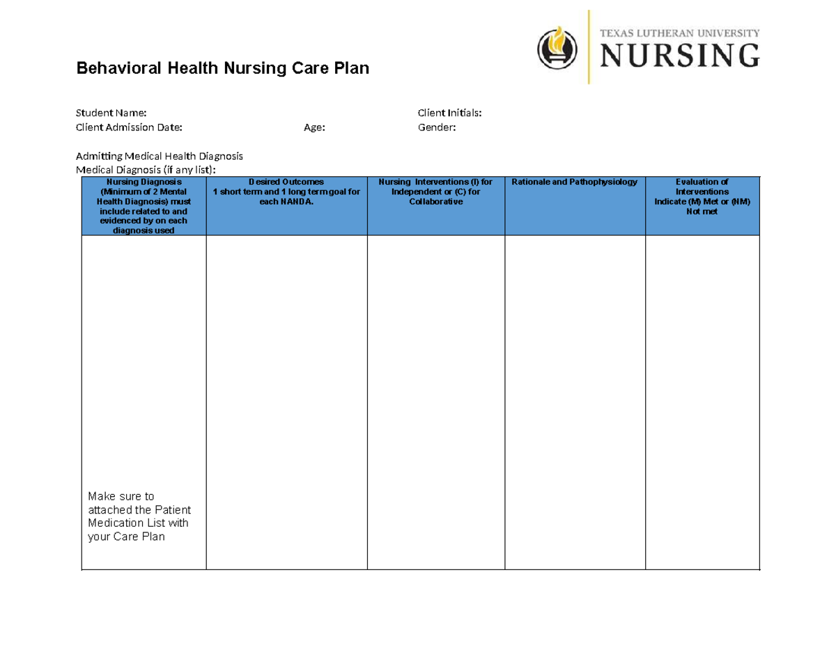 Behavioral Health Nursing Care Plan - Behavioral Health Nursing Care ...