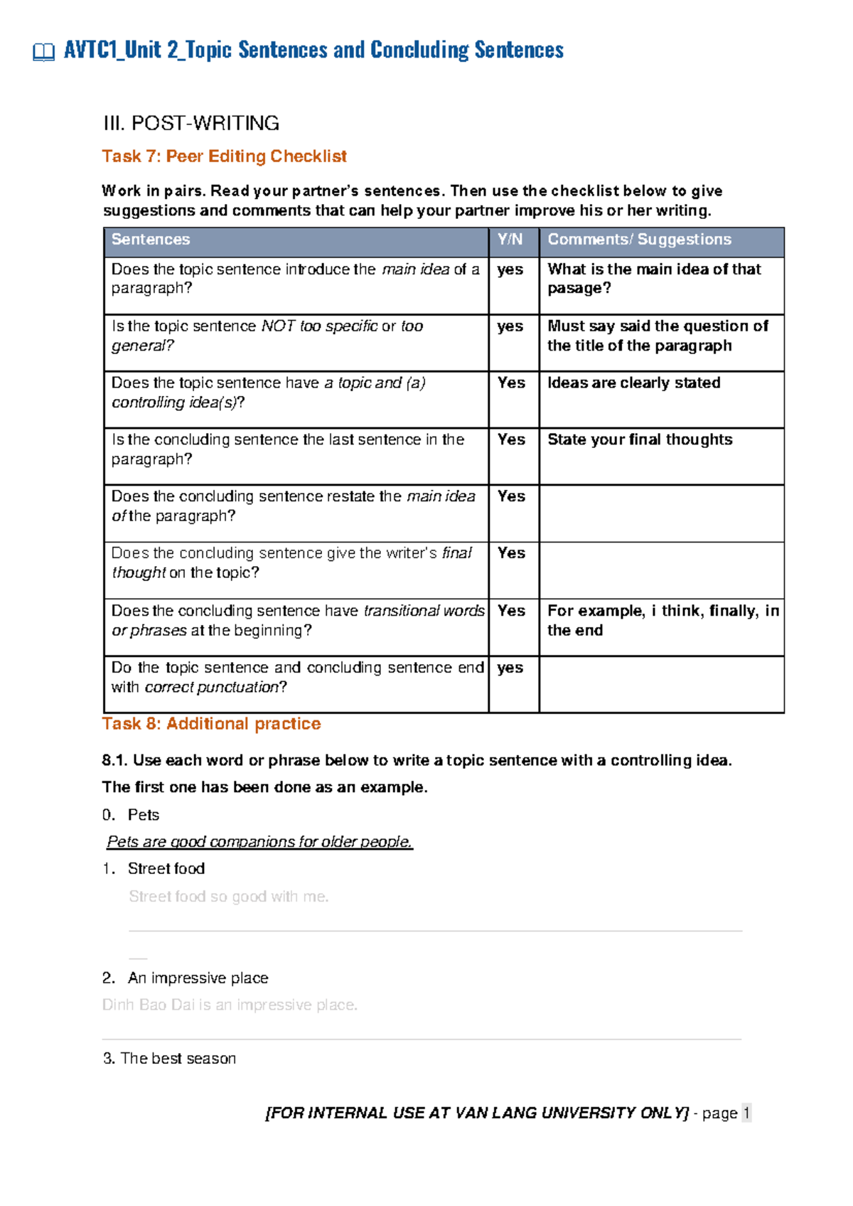 [Official] AVTC1 - Unit 2 - Topic & Concluding Sentences Guide - Studocu