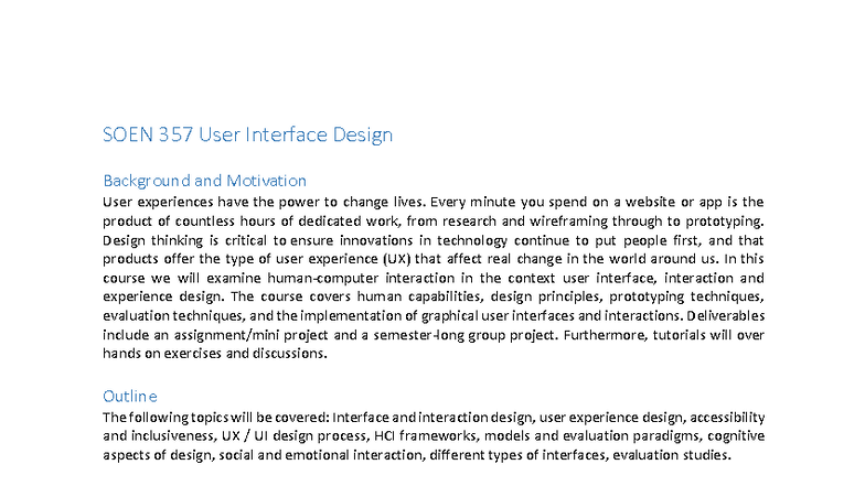 SOEN 357 User Interface Design: Course Outline & Objectives - Studocu