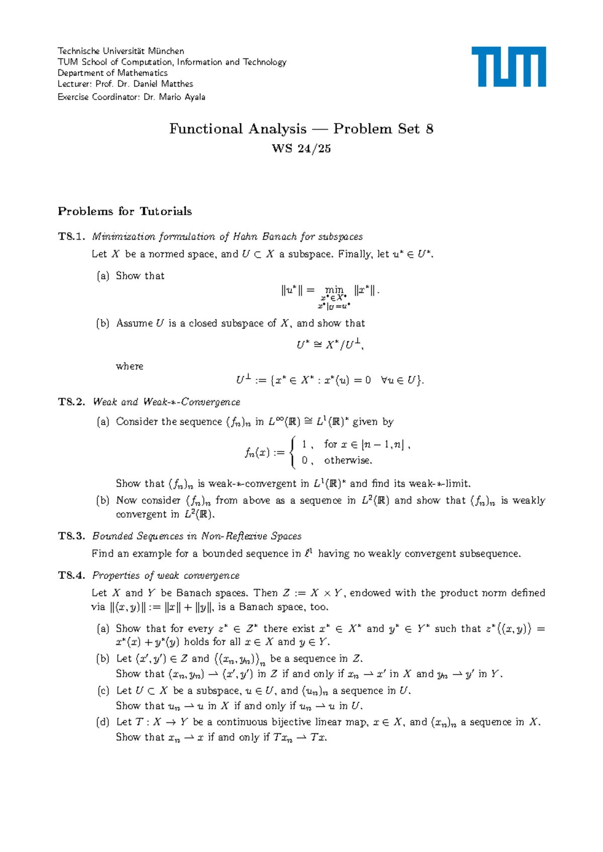Functional Analysis Problem Set 12 - TUM Mathematics - Studocu