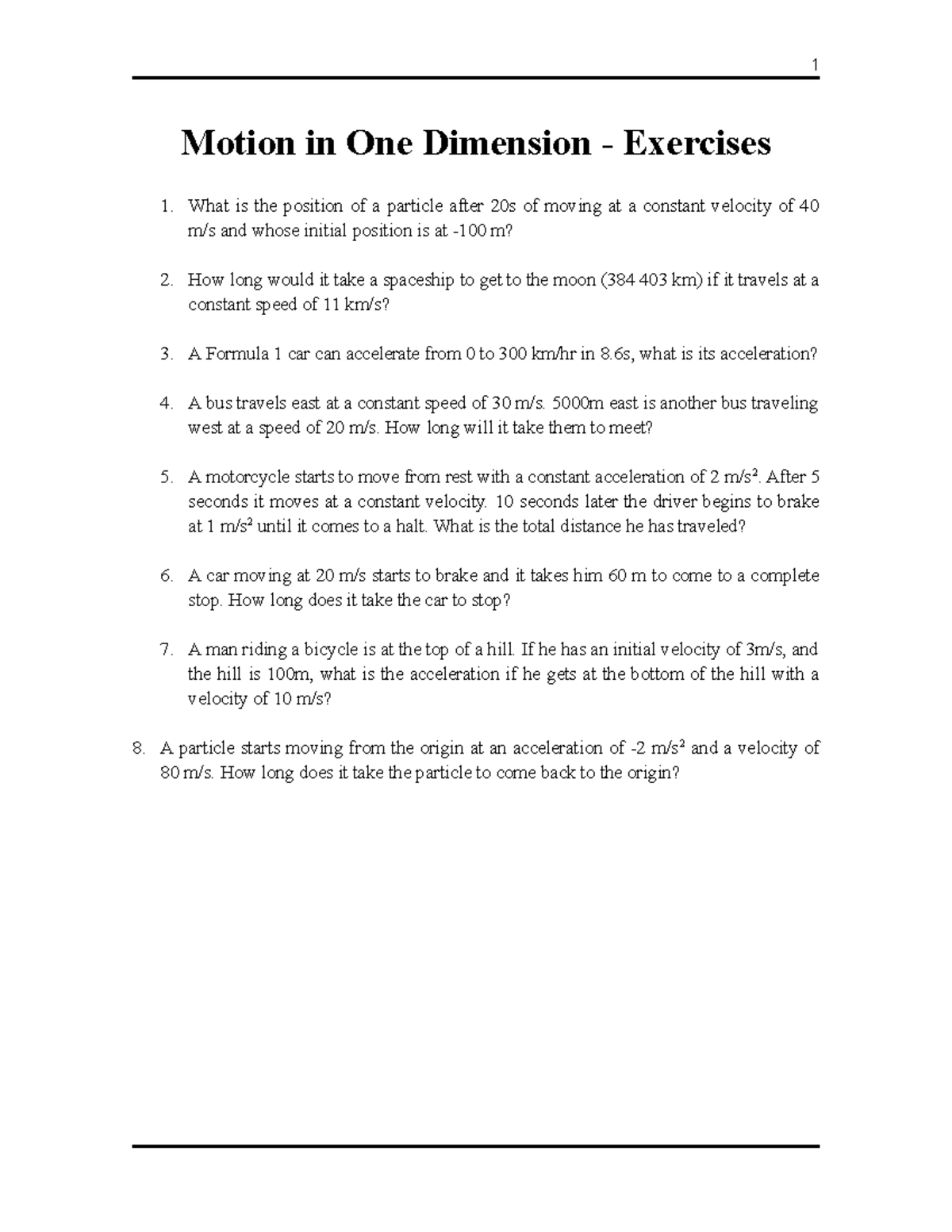 Exercises 1D: Practice Problems on Motion in One Dimension - Studocu