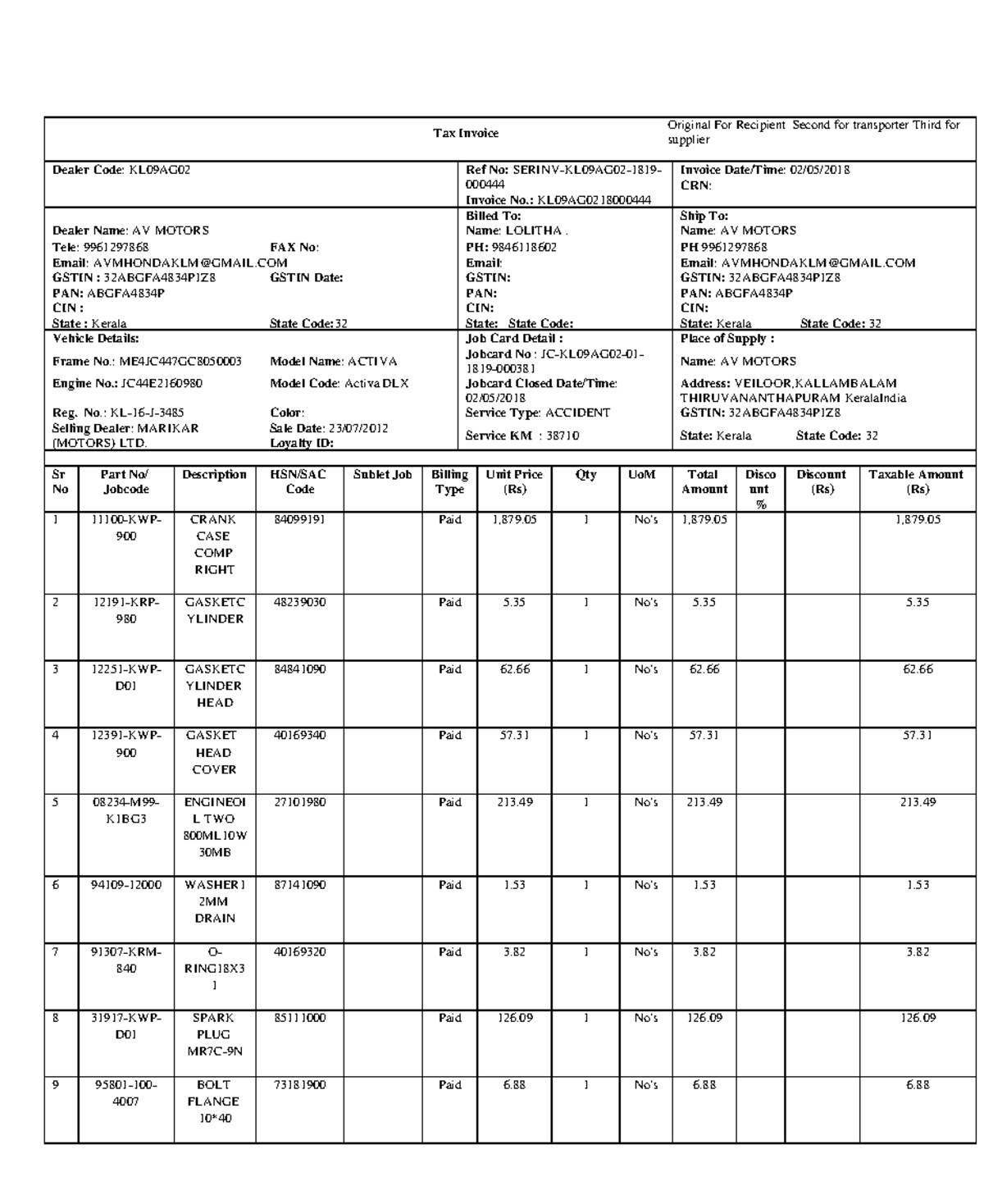 Invoice for Activa Model - SERINV-KL09AG02-1819 - Studocu