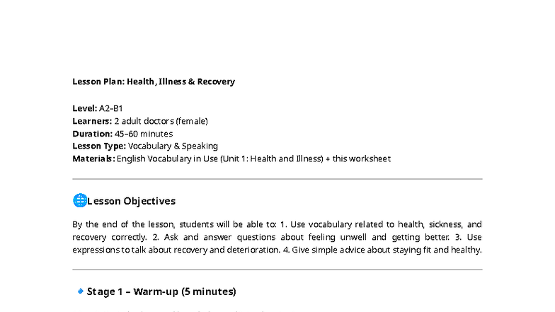 Health Illness Recovery Lesson - Lesson Plan: Health, Illness ...
