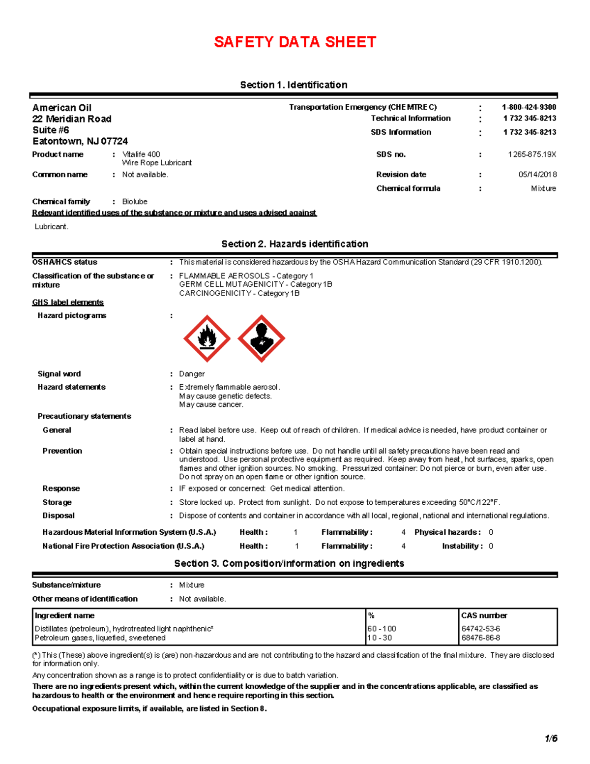 Revised SDS for Vitalife 400 Wire Rope Lubricant (5/14/18) - Studocu