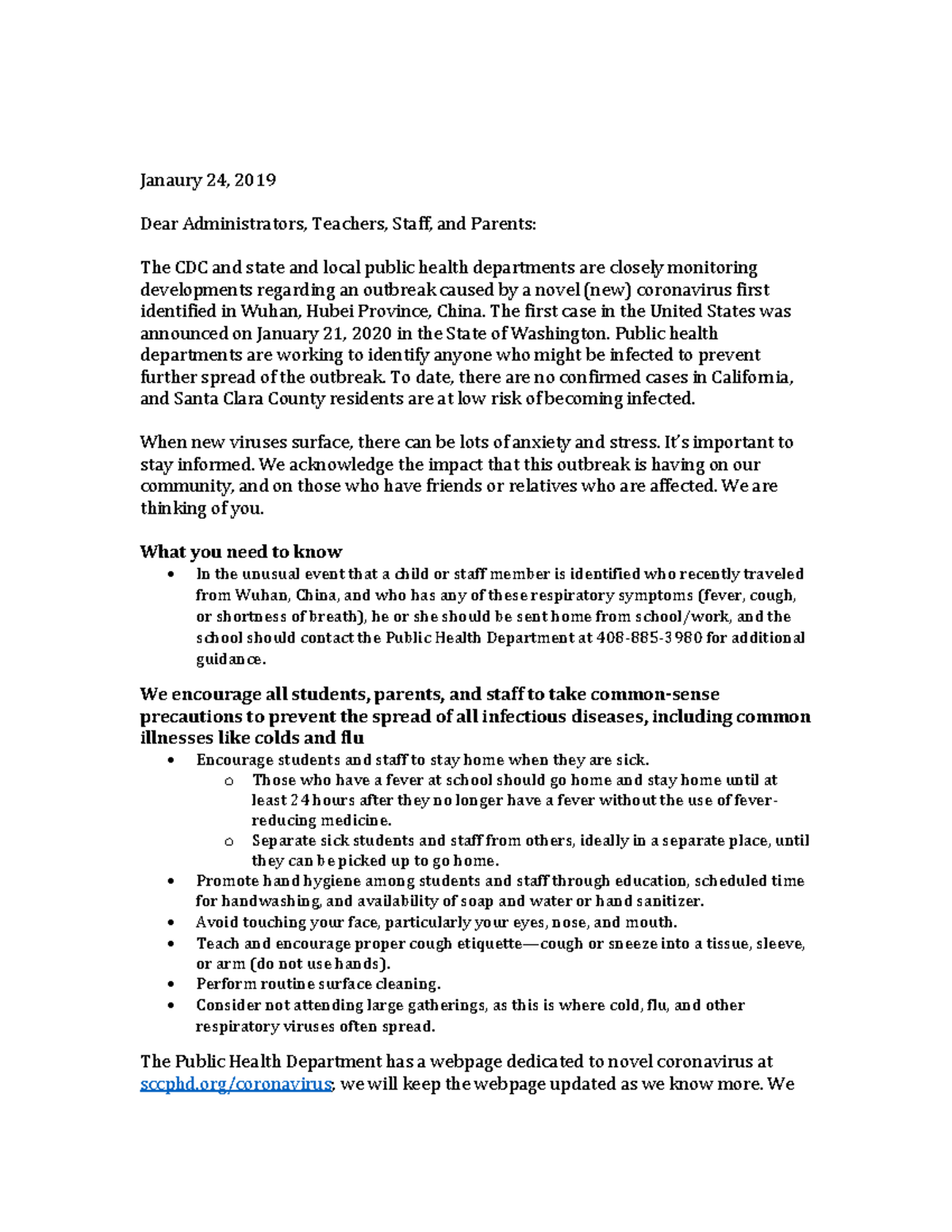 Coronavirus Letter from Sccoe 2 - Janaury 24, 2019 Dear Administrators ...
