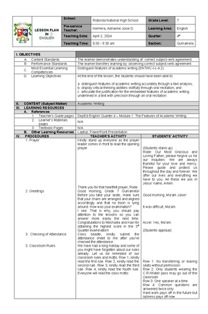 Observe correct definitions - LESSON PLAN IN ENGLISH School: Concepcion ...