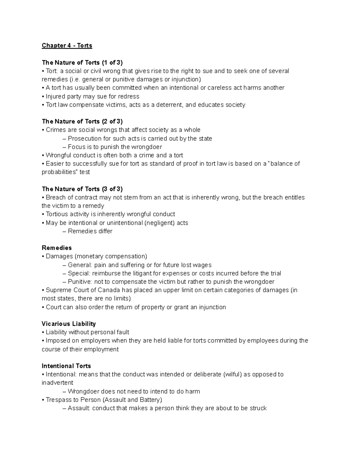 MCS 3040 Midterm 2 - Comprehensive Notes on Torts and Remedies - Studocu