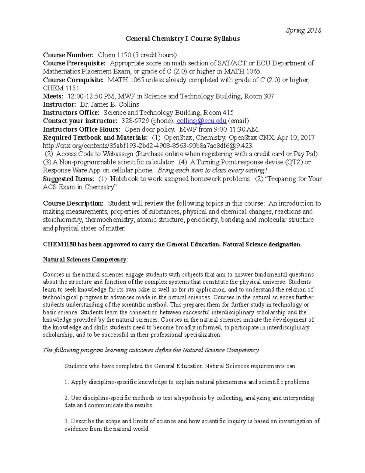 CHEM 1150Syllabi - Syllabi - Spring 2018 General Chemistry I Course ...