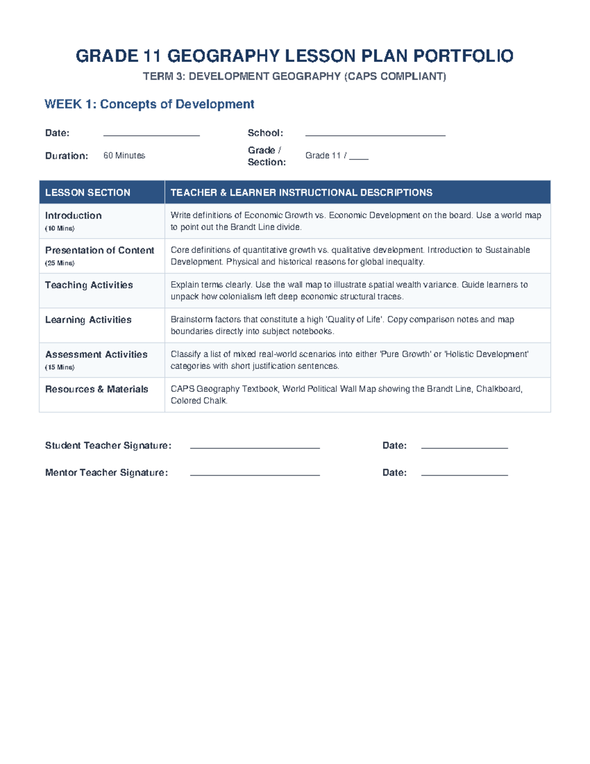 Grade 11 Geography Lesson Plans: Term 3 Development Geography (CAPS ...