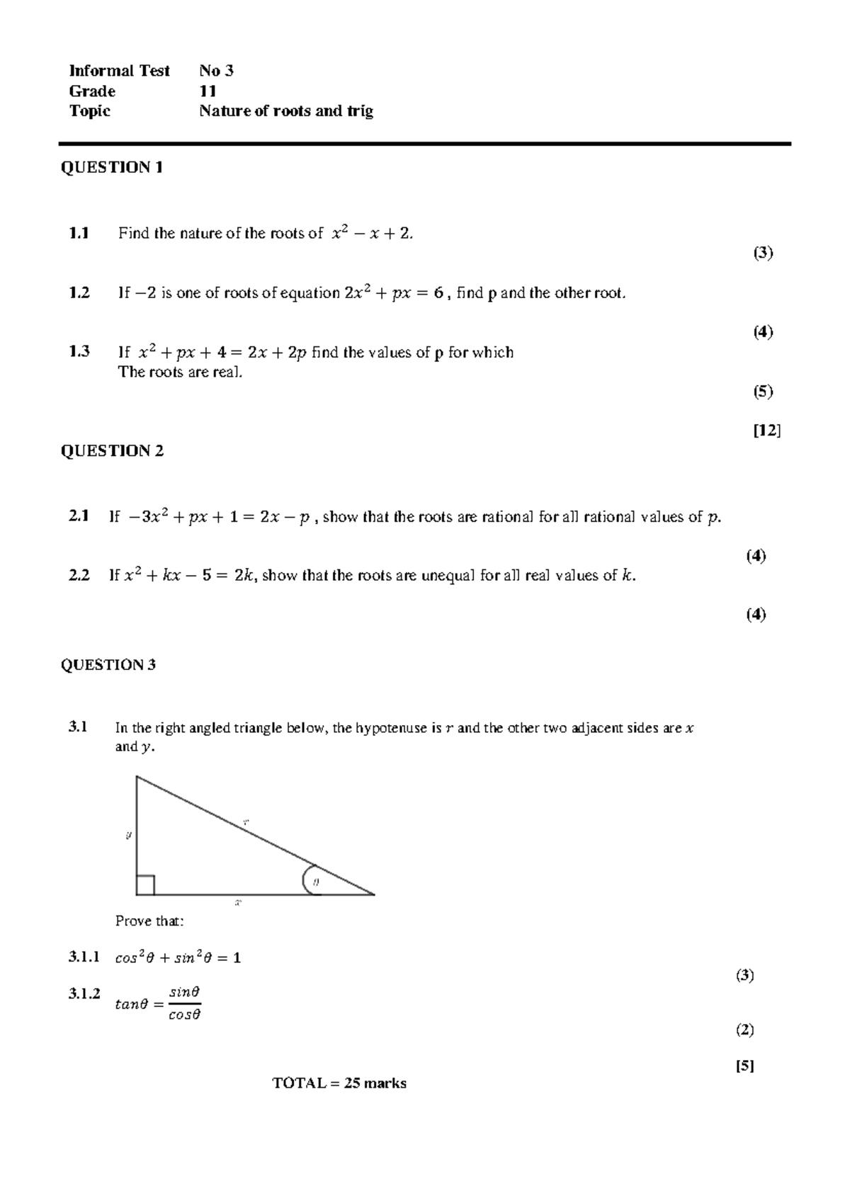 2024 Grade 11 Informal test no 3 - Informal Test No 3 Grade 11 Topic ...