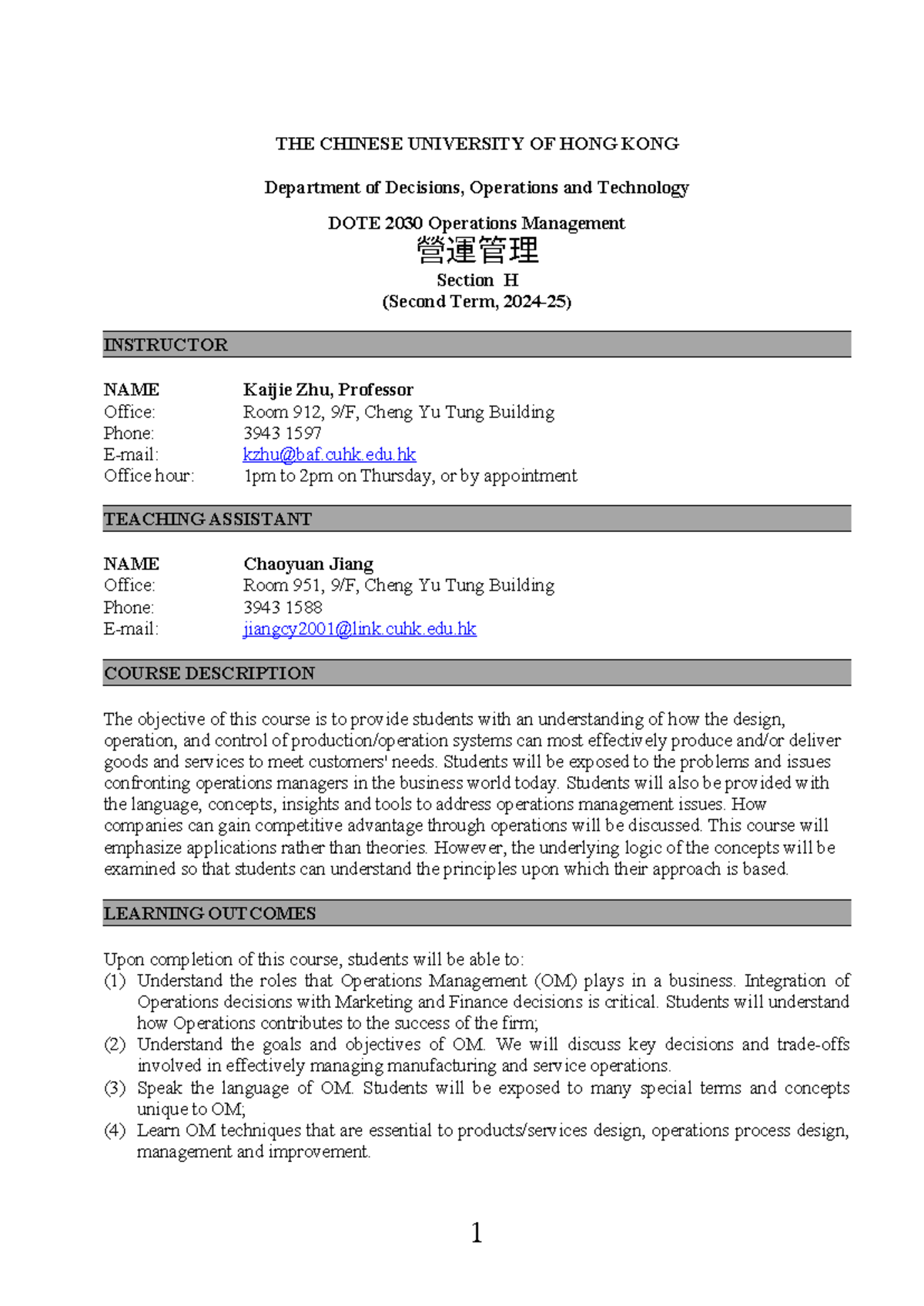 DOTE 2030H Operations Management Course Outline and Details - Studocu