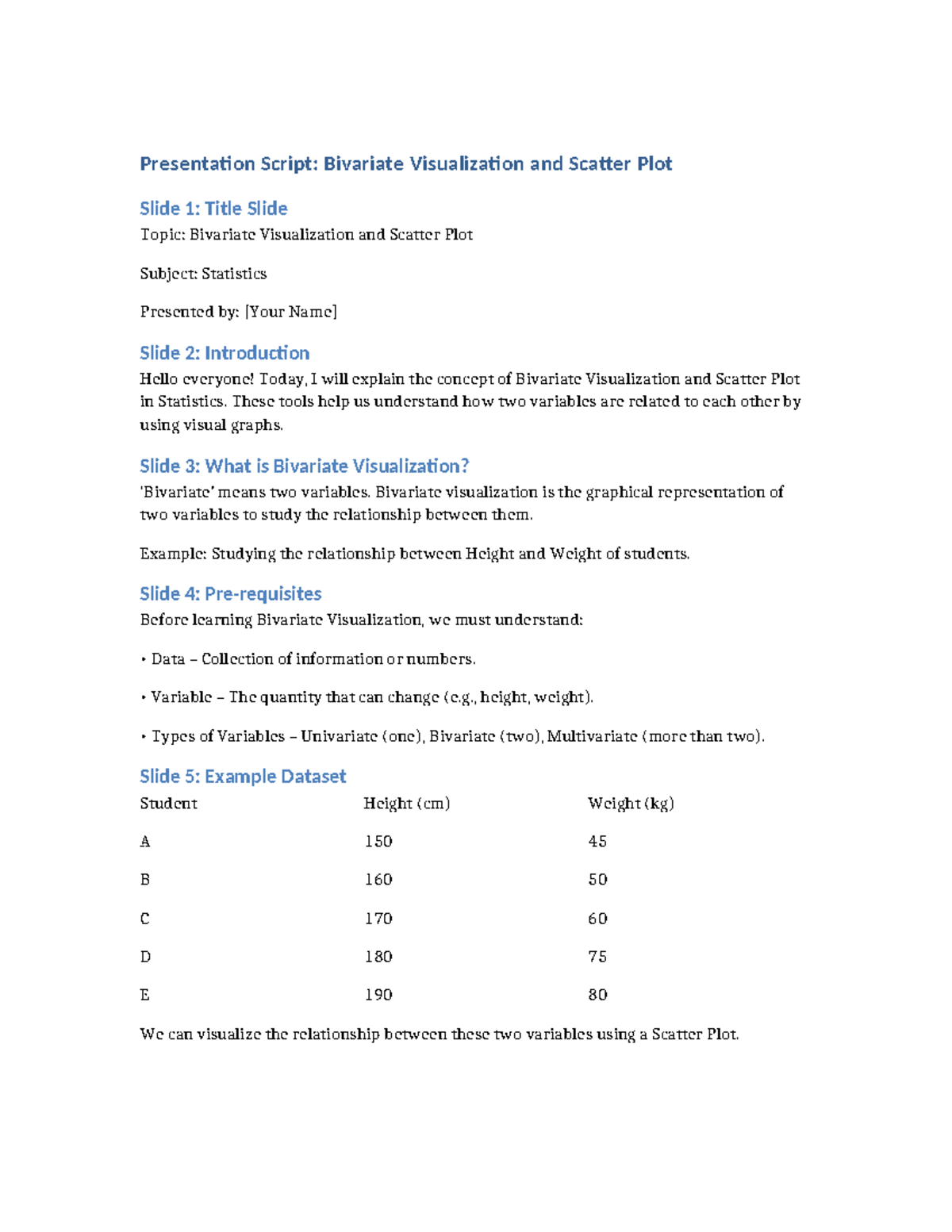 Statistics Presentation: Bivariate Visualization & Scatter Plots - Studocu