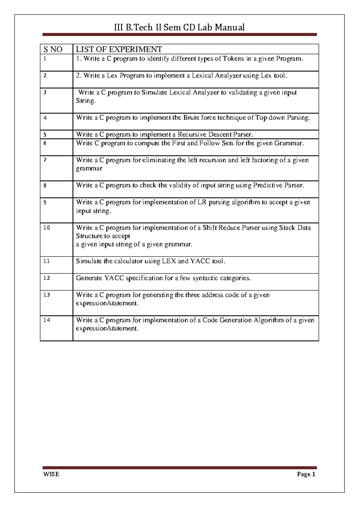 CD lab prgms final - Cd lab program - S NO LIST OF EXPERIMENT 1 1 ...