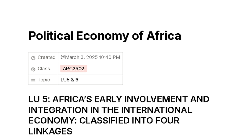 Political Economy of Africa - APC LU5 & 6 Notes on Economic