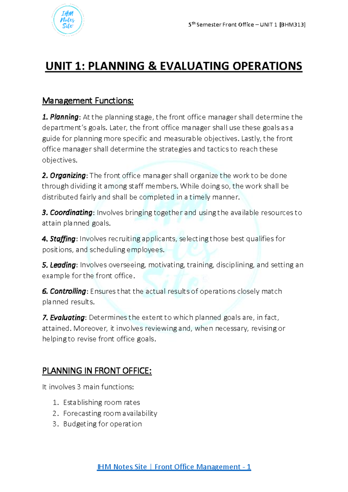UNIT 1 - Planning & Evaluating Front Office Operations (Course Code ...