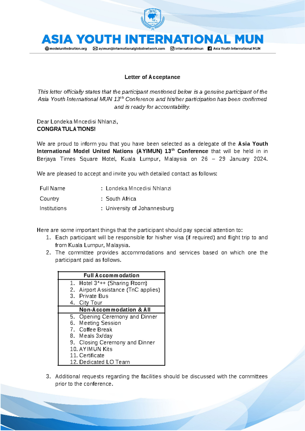 AYIMUN 13th Conference: Letter of Acceptance for Londeka Nhlanzi - Studocu