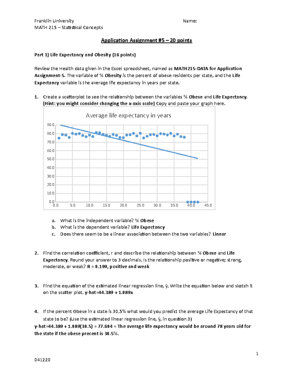 MATH215 Application Assignment 5: Life Expectancy vs. % Obesity ...
