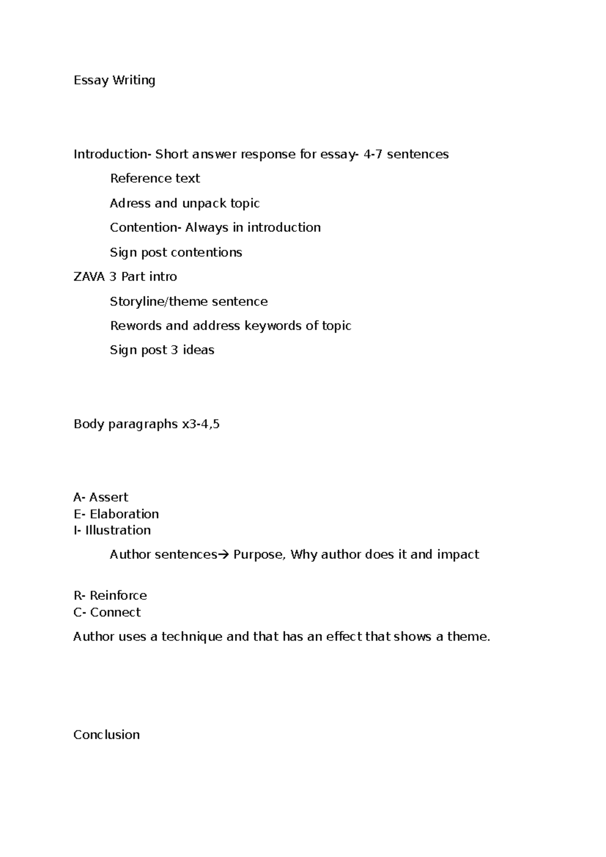 ZAVA Essay Writing Guide: Short Answer Responses and Techniques - Studocu
