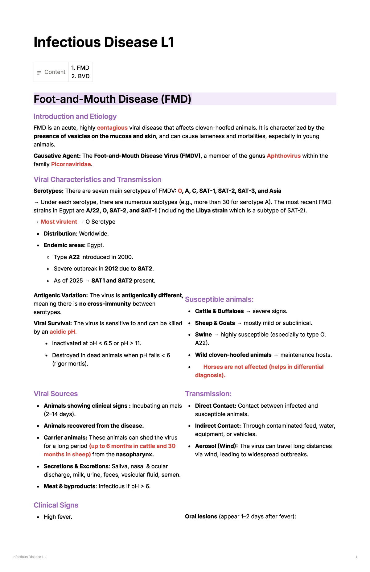 Infectious Disease I: FMD & BVD Overview and Key Insights - Studocu