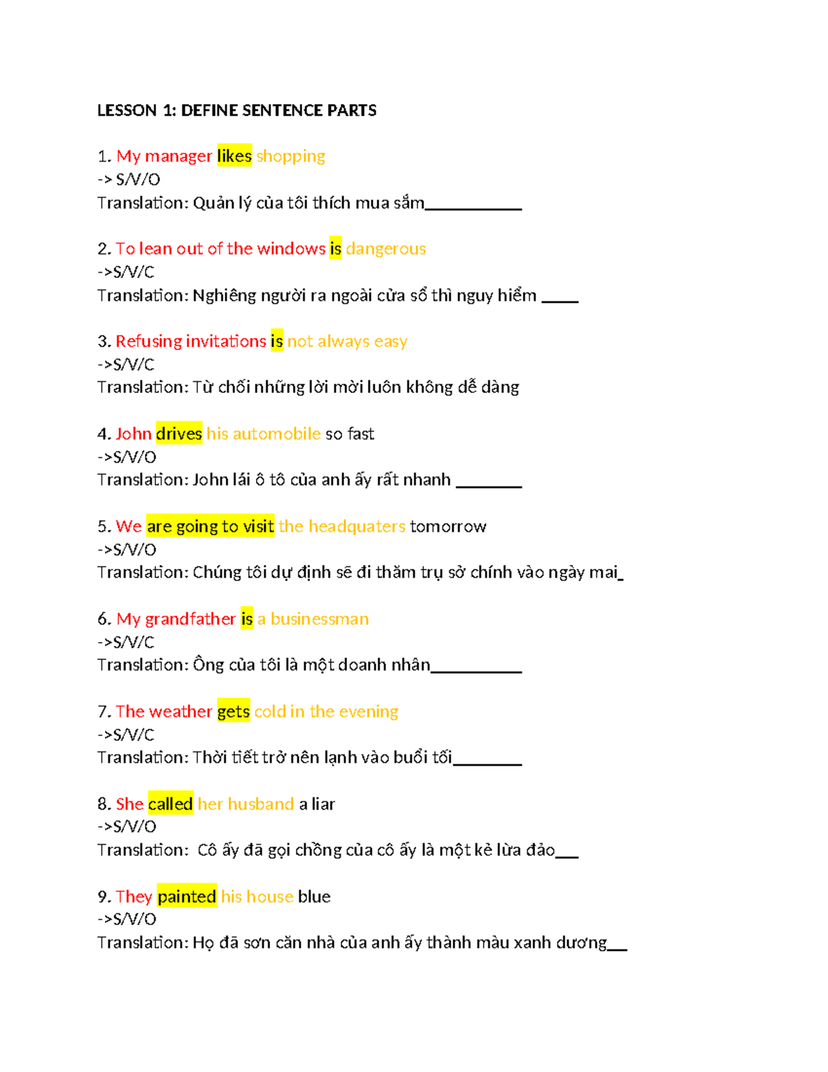 Lesson-1- Exercise - ghjhk - LESSON 1: DEFINE SENTENCE PARTS My manager ...