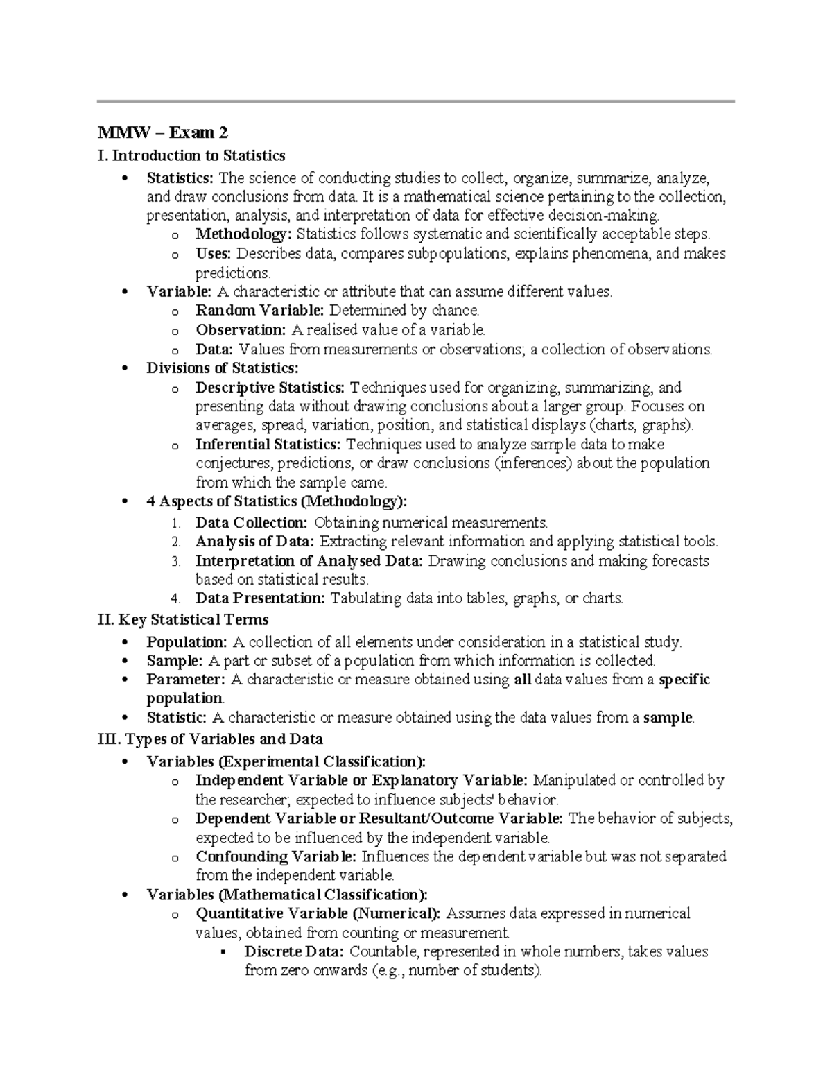 MMW - Exam 2 - Statistics Overview and Key Concepts - Studocu