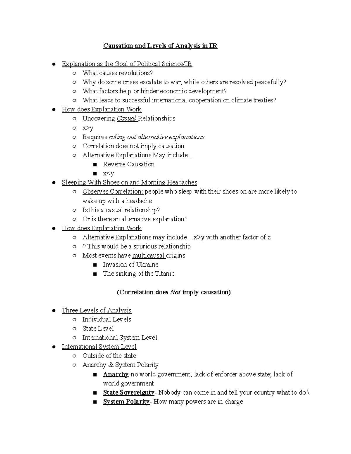 Causation and Levels of Analysis in IR: Lecture Notes - Studocu