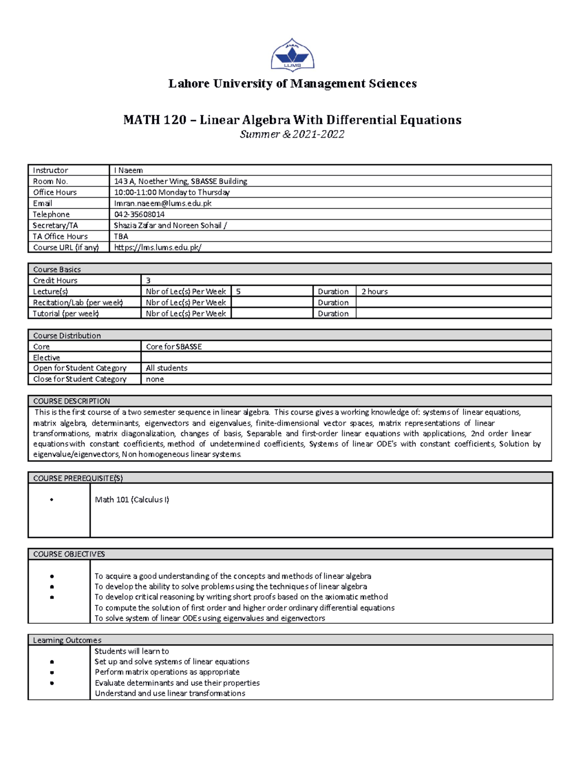 Course outline-Math 120 - Lahore University of Management Sciences MATH ...