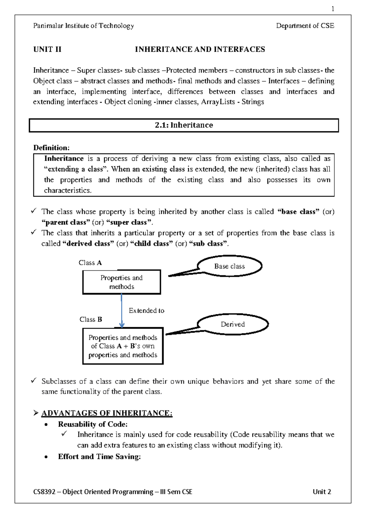 CS8392 Object Oriented Programming Unit 2 Notes on Inheritance ...
