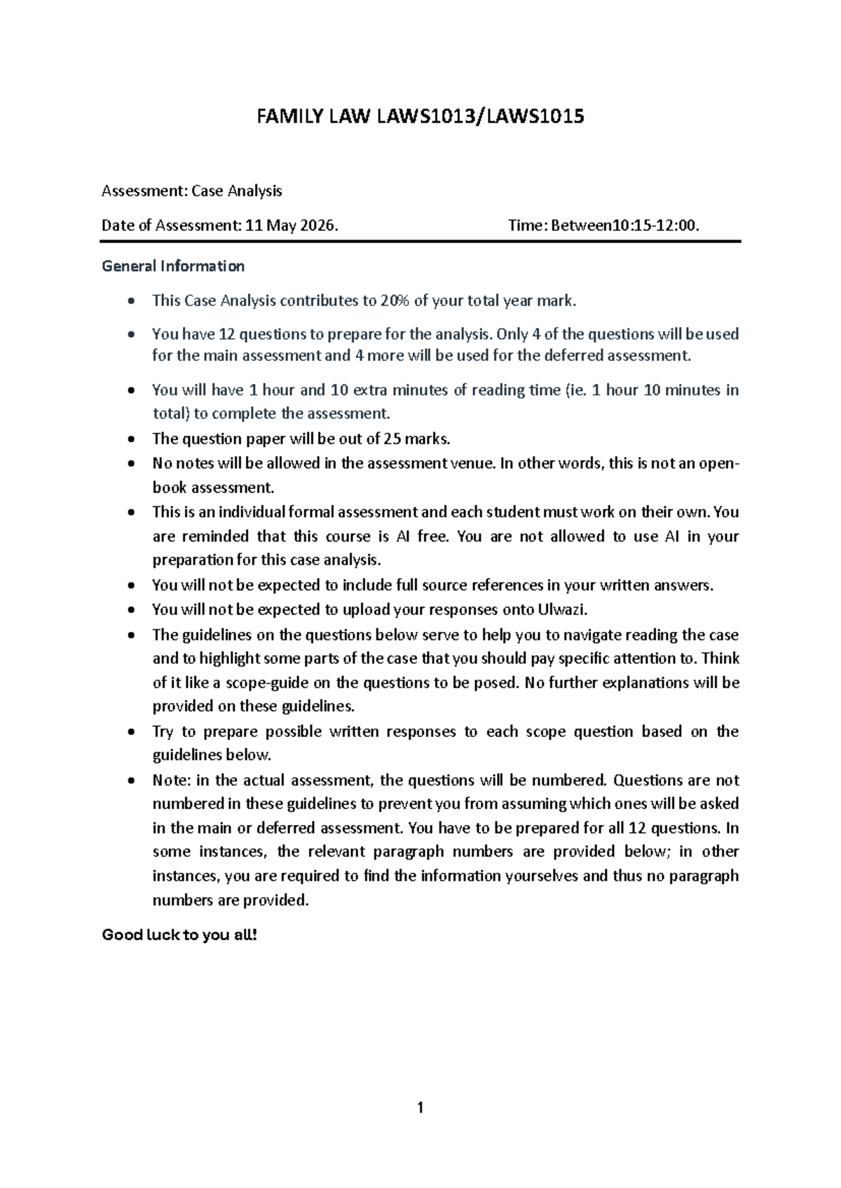 FAMILY LAW 2026: Case Analysis Prep Guidelines for Assessment - Studocu