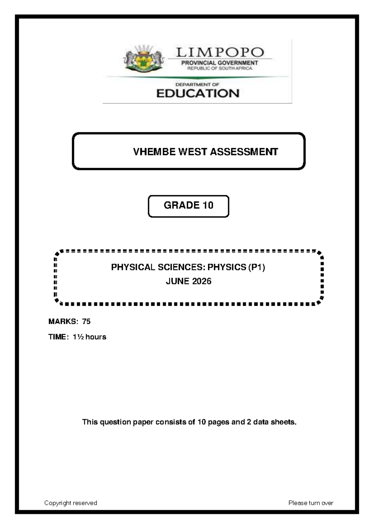 Physical Sciences P1 Grade 10 Pretest June 2026 Question Paper - Studocu