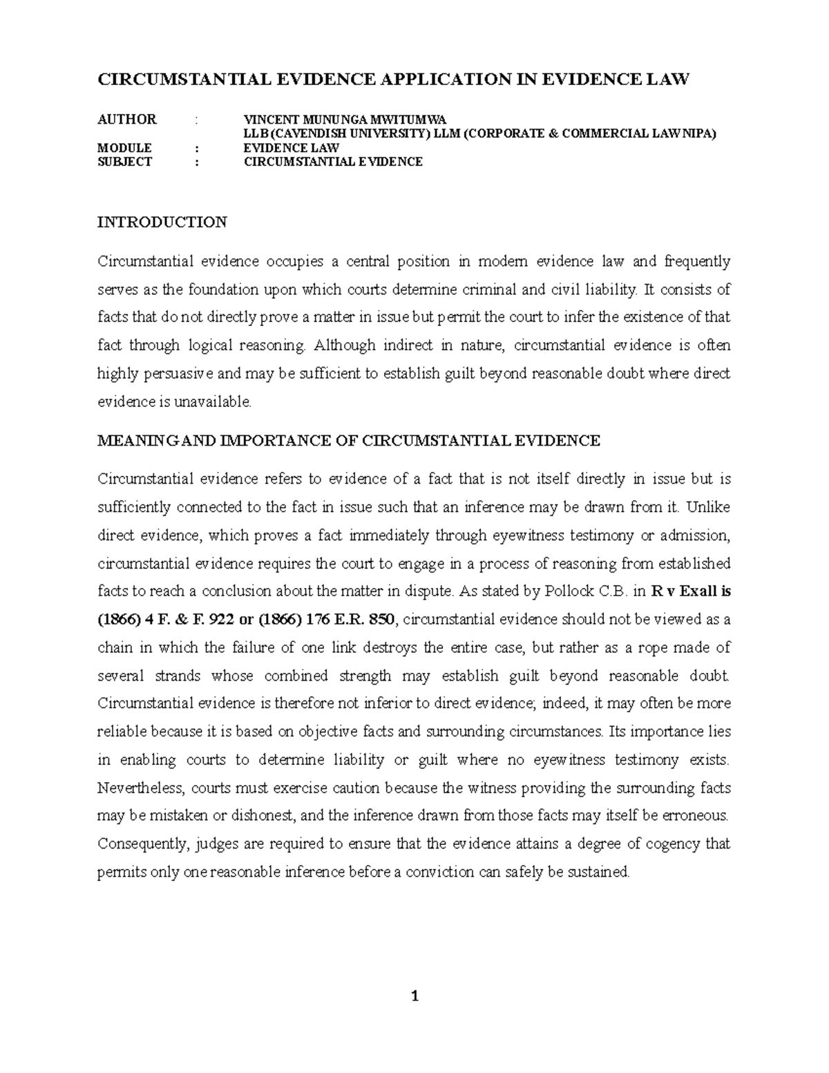 Circumstantial Evidence Application in Evidence Law (LLB) - Studocu